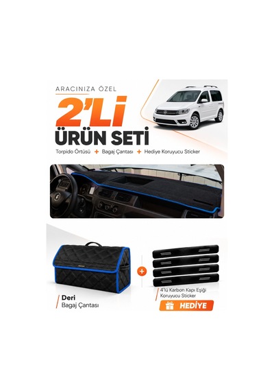 Volkswagen Caddy 2015-2019 Uyumlu Torpido Örtüsü + Deri Bagaj Çantası + Sticker Seti - Siyah Mavi