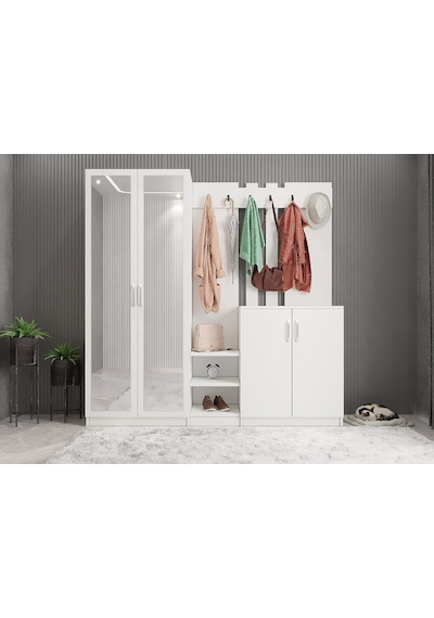 Flora Aynalı Portmanto Vestiyer- Beyaz 200 cm