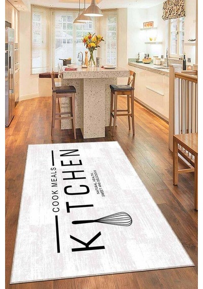 Beyaz Kaymaz Tabanlı Kitchen Yazılı Mutfak Halısı Ar798n11