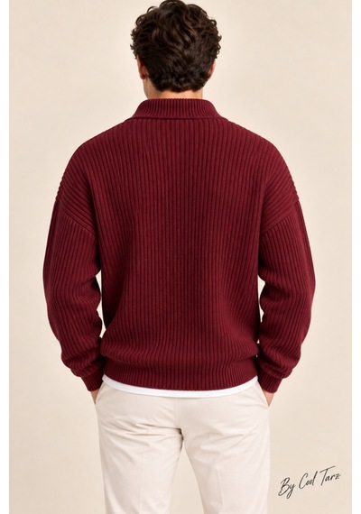 Tarz Cool Erkek Oversize Fermuarlı Balıkçı Triko Kazak Bordo