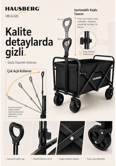 Hausberg Camping Katlanır Kamp Arabası 360 Dönen Kalın Tekerlekli Katlanabilir Vagon, Su Geçirmez Plaj / Pazar / Piknik / Bahçe Taşıma Arabası Siyah Hb-g 020