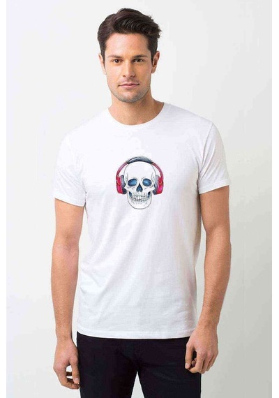 Cool Skull With Headphones Baskılı Beyaz Erkek Tshirt