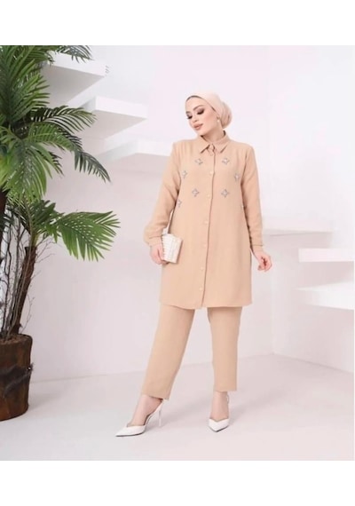 Lovie Moda Kadın Taş İşlemeli Takım Bej