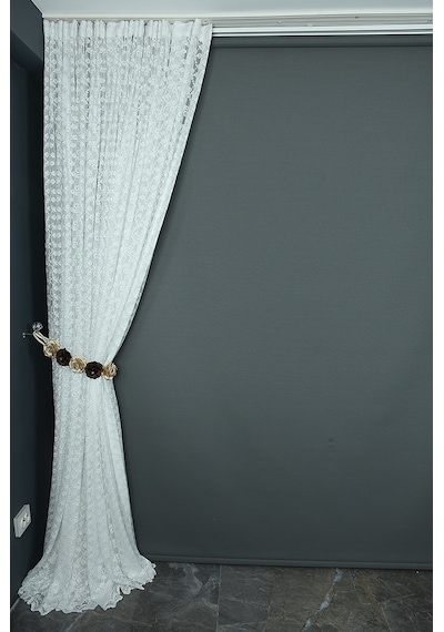Çiçek Model Kırık Beyaz Renk Tek Kanat Hazır Dikilmiş Pileli Fon Perde 300 x 260 CM Kırık Beyaz