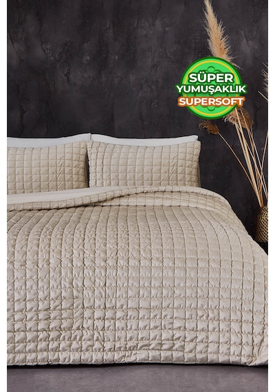 Evlen Home Collection Kadife Stacy Yatak Örtüsü Seti Çift Kişilik Elyaf Dolgulu Yumuşak 3 Parça Bej