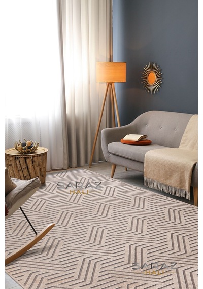 Ada Kilim Modern Salon Mutfak Koridor Kesme Yolluk Dokuma Makine Halısı Zigzag Krem Vizon