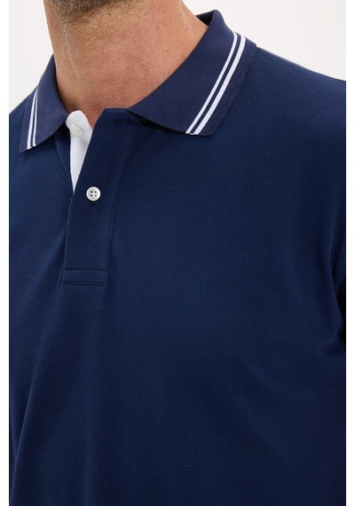 Tudors Erkek Slim Fit Dar Kesim %100 Pamuk Uzun Kollu Lacivert Polo Yaka Tişört-52783