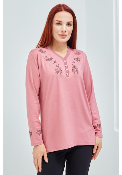Fresh & Moda Fresh&moda Kadın Pembe V Yaka Düğmeli Çiçekli Likralı Anne Penye 001