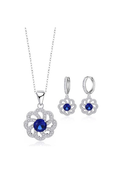 Brezza Lusso Jewelry Gümüş Lüks Mavi Safir Taşlı Çiçek Model Kadın Kolye Küpe Set