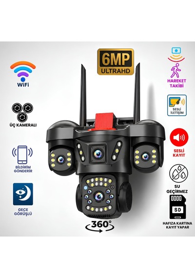 Onqam Onw2363 3 Kameralı Wifi Ptz Güvenlik Kamerası 6mp Ultra Hd 360 Derece Dış Mekan Ip66 Gece Görüşlü