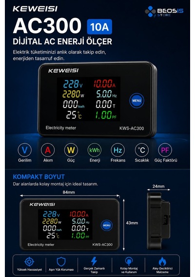 Kws-ac300 10a Dijital Ac Enerji Analizörü Renkli Lcd, Voltmetre
