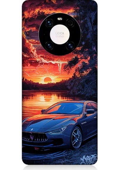 Huawei Mate 40 Pro Uyumlu Spor Araba Ve Gün Batımı Desenli Silikon Kılıf