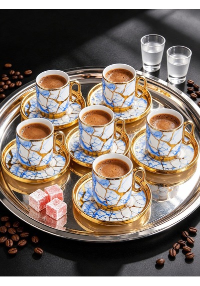 Valkyrie 12 Parça 6 Kişilik 80 Ml Türk Kahvesi Fincan Takımı Mavi Gold Mermer Desenli K653 Mavi