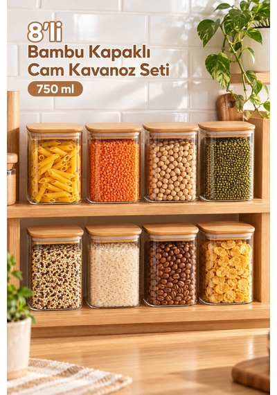 Porsima 5-4 Bambu Vakumlu Kapaklı Kare Borsilikat Cam 8li Kavanoz Seti Saklama Kabı 750ml 7,5x15cm