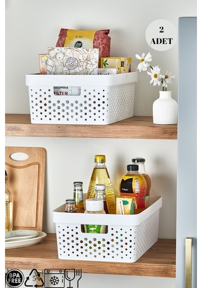 2'li Set Penta Düzenleyici Sepet, Mutfak Banyo Dekoratif Çok Amaçlı Organizer Kapaksız 11.5 L Beyaz