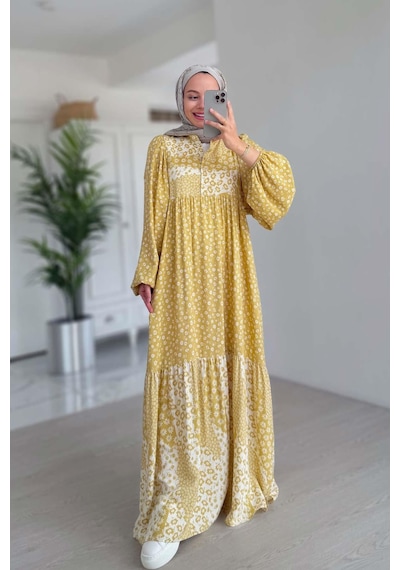 Kahijab Çiçek Desenli Kuşaklı Elbise - Sarı Sarı