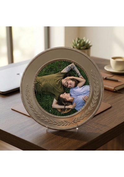 Kişiye Özel Fotoğraf Baskılı Gümüş Metal Tabak Plaket - Sevgiliye Şeffaf Ayaklı Yıl Dönümü Hediyesi
