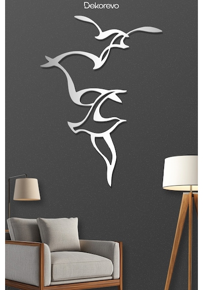 Martıların Dansı Metal Duvar Tablosu - Metal Duvar Sanatı - Gümüş - 55 X 75 Cm