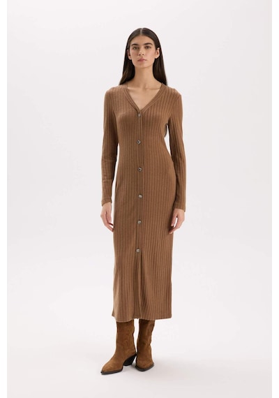 DeFacto Bodycon Vücudu Saran Basic Düz V Yaka Düğmeli Fitilli Kaşkorse Midi Uzun Kollu Elbise B3261AX24WNBN325 Kahve