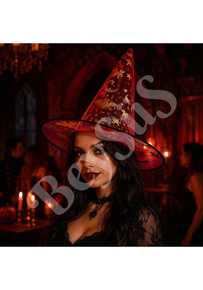 Beysüs Halloween Cadılar Bayramı Cadı Şapkası Kırmızı Gold Şeffaf Tüllü Tüm Yaşlar