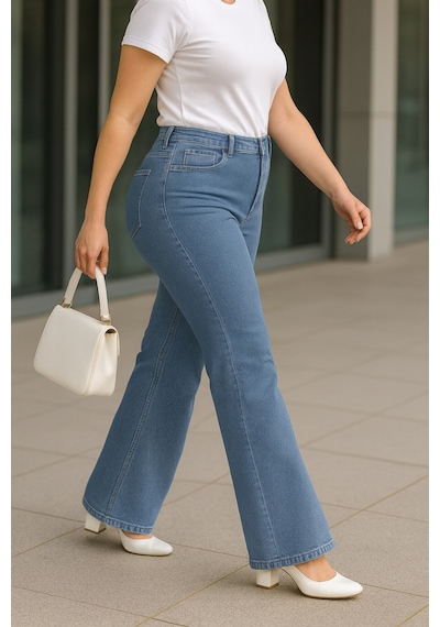 Cedy Denim Cedy Denım - Kadın Büyük Beden İspanyol Paça Yüksek Bel Skinny Fit Likralı Pantolon C628 Buz Mavisi