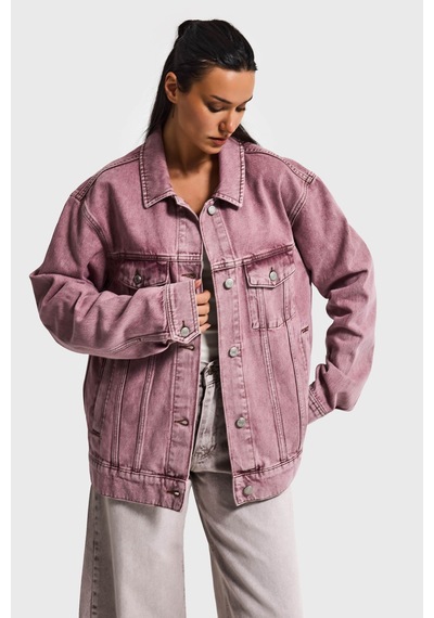 Kadın Lila 3s6-98 Oversize Özel Yıkamalı Bol Kesim Denim Ceket