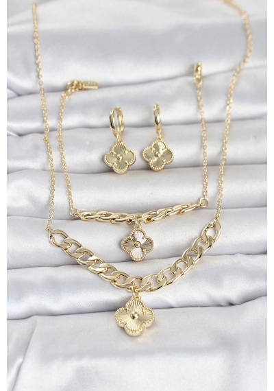 Gold Renk Pirinç Kolye Bileklik Ve Küpe Seti Rekli