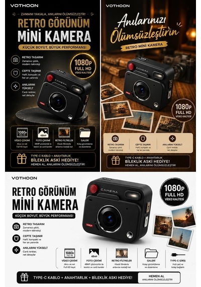 Nostaljik Tasarımı Retro Görünüm Kare Mini Foto Video Kamera 1080p Full Hd 32gb Kart li