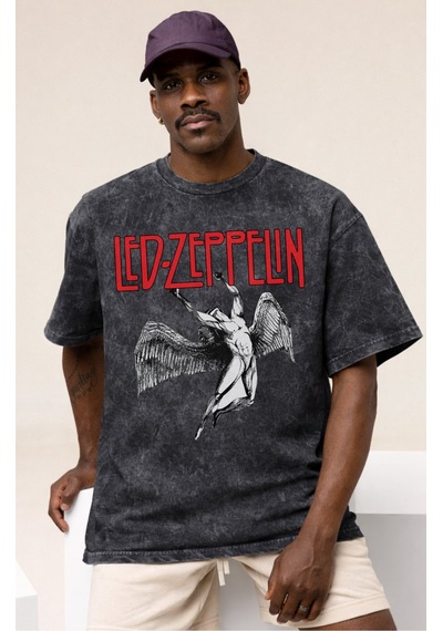 Sevbano Led Zeppelin Rock Metal Müzik Grubu Baskılı Unisex Oversize Vinta Siyah