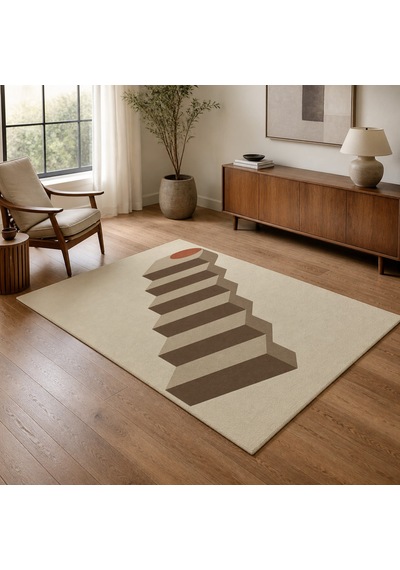 Kartela Halı Basamak Merdiven Desenli Modern Halı Bej Kaymaz Taban Makinede Yıkanabilir 60x90 Cm