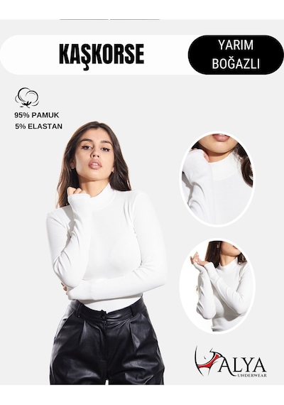 Alya Underwear Kaşkorse Yarım Boğaz Body Sweatshirt, Fitilli Kumaş, Likralı, Bordo Beyaz