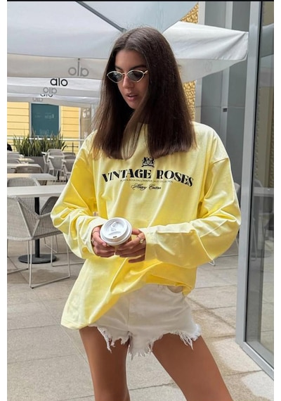 Madmext Sarı %100 Pamuklu Baskılı Uzun Kollu Tişört Mg2451 Sari