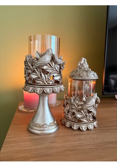Kuşlu Ayaklı Ve Kapaklı Dekoratif Cam Mumluk & Şekerlik Seti Eskitme Gümüş Şampanya 2'li Şamdan & Kavanoz 27x12 Cm & 23x12 Cm Çok Renkli