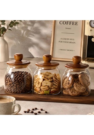 700 Ml Akasya Kapaklı Cam Kavanoz 3'lü Set, Ahşap Kapaklı Saklama Kavanozu, Kahve Şeker Kurabiye Çok Renkli