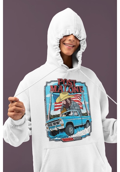Sevbano Post Malone Rapper Baskılı Unisex Oversize Şarkıcı Hoodie beyaz