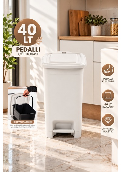 Porsima 01 1139-2 40 Lt İç Kovalı Pedallı Çöp Kovası - Slim Mutfak Ve Banyo Çöp Kovası Soft Beyaz