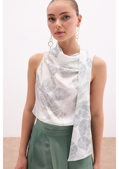 Sateen Fularlı Desenli Bluz - Haki-136079 Haki