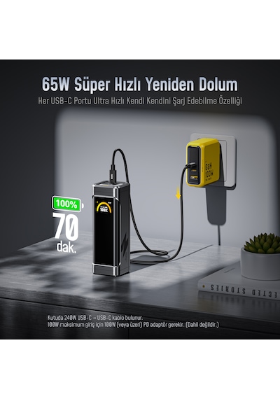 Aohi The Black Warrior 10.000 Mah 65w Pd3.0 Powerbank, Akıllı Dijital Göstergeli Taşınabilir Hızlı Şarj Cihazı, Siyah