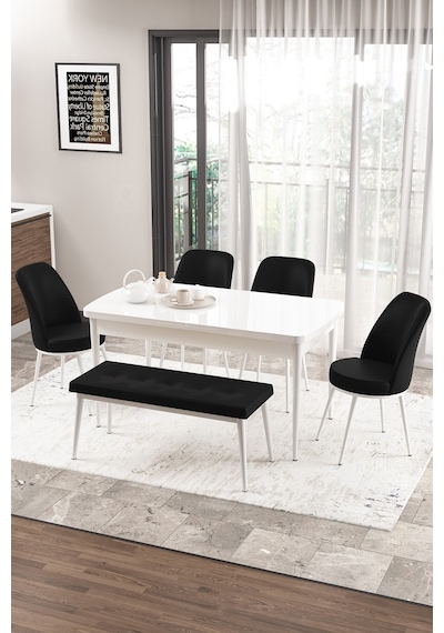 Canisa Concept Zen Serisi 80x132 Mdf Açılabilir Beyaz Masa Takımı 4 Siyah Sandalye Ve 1 Bench Masa Beyaz Sandalye Ve Bench Siyah Canisa Concept Zen Serisi 80x132 Mdf Açılabilir Beyaz Masa Takımı 4 Siyah Sandalye Ve 1 Bench Masa Beyaz Sandalye Ve Bench Siyah