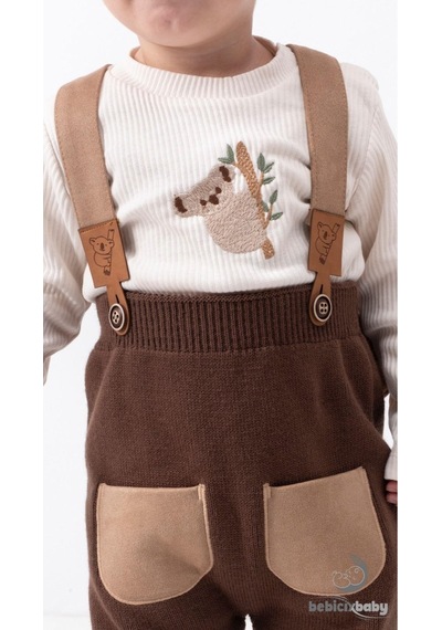 Tiwitibaby Triko Çapraz Askılı Salopet Koala Figürlü Esnek Kaşkorse Badi Bereli Unisex Bebek Takım Kahve