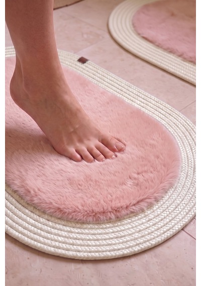 Banyo Paspası Takımı 60x100+40x60 Cm Düz Pembe & Krem