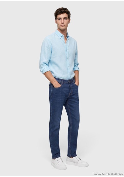 Ramsey Mint Düz Casual Fit Uzun Dokuma Casual %100 Keten Gömlek