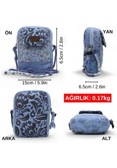 Cappadocia Vintage Kadın Çiçek Desenli Omuz Çantası - Bohem Tarz Mini El Ve Telefon Çantası Mavi - Taş
