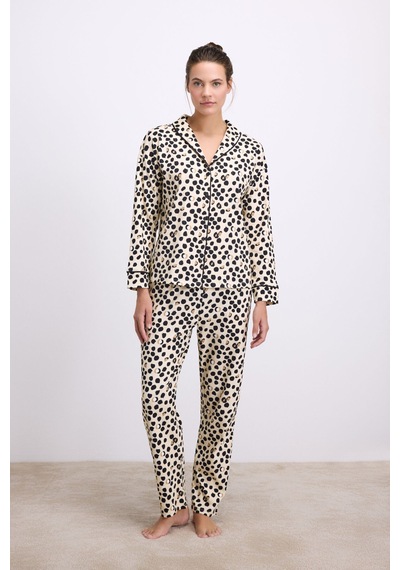 Man11550-1039 Anil Ev Giyim Anıl Kadın Uzun Kollu Gömlek Yaka Leopar Desenli %100 Pamuk Pijama Takımı 11550 Krem