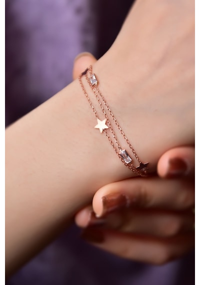 Papatya Silver 925 Ayar Gümüş Rose Kaplama Baget Taşlı Yıldızı Model Üç Zincir Bileklik