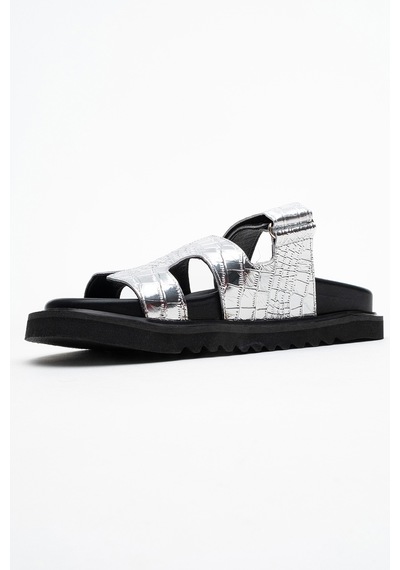 Luvishoes Luvi Shoes Loana Gümüş Baskı Hakiki Deri Kadın Terlik Gümüş