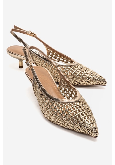Luvishoes Orelıs Altın Örgü Desenli Kadın Kısa Topuklu Ayakkabı Altın