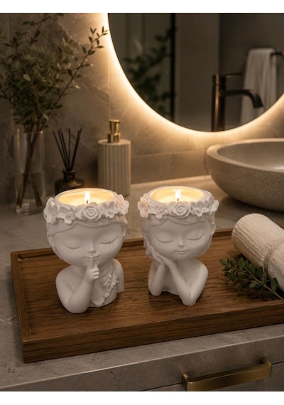İkili Kız Figürlü Dekoratif Mumluk Seti Tealight Mum Hediyeli 2