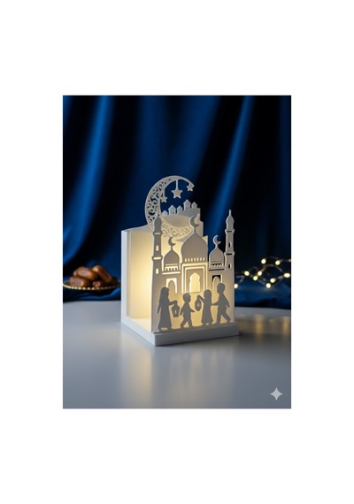Ramazan Ayına Özel Işıklı Masaüstü Dekor 8x11 Cm Led Li Cami Ve Çocuk Figürlü Ramazan Süsü