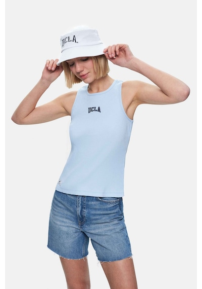 Salınas Gök Mavi Sıfır Kol Nakışlı Standard Fit Kadın Tshirt Gök Mavi